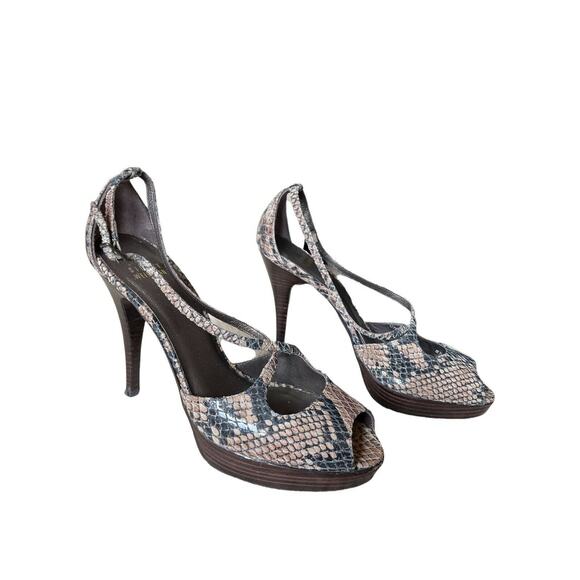 Stuart Weitzman Women Stewpot Platform Heels Tan Black Snakeskin Peeptoes 8.5h - Picture 4 of 10